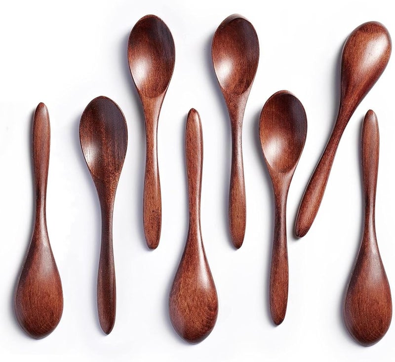Wooden Household Spoons – Old Lacquer, 15-Pointed Tip, Flat Tail, 8 Pieces, Cooking Utensils