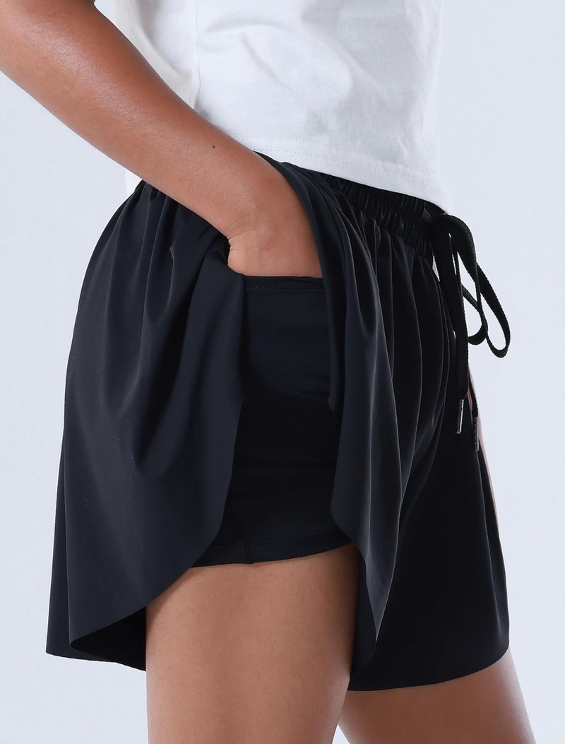 Yitoco 3 Pack Girl's Athletic Shorts Flowy Butterfly Skirt High Waist 2 in 1 with Pockets Spandex Liner for Teens Workout(3 Pairs, 8-9 Years, YOGS0001-B+W+LP-100) - Image 3