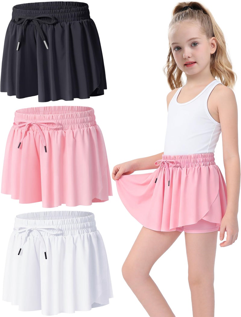 Yitoco 3 Pack Girl's Athletic Shorts Flowy Butterfly Skirt High Waist 2 in 1 with Pockets Spandex Liner for Teens Workout(3 Pairs, 8-9 Years, YOGS0001-B+W+LP-100) - Image 1
