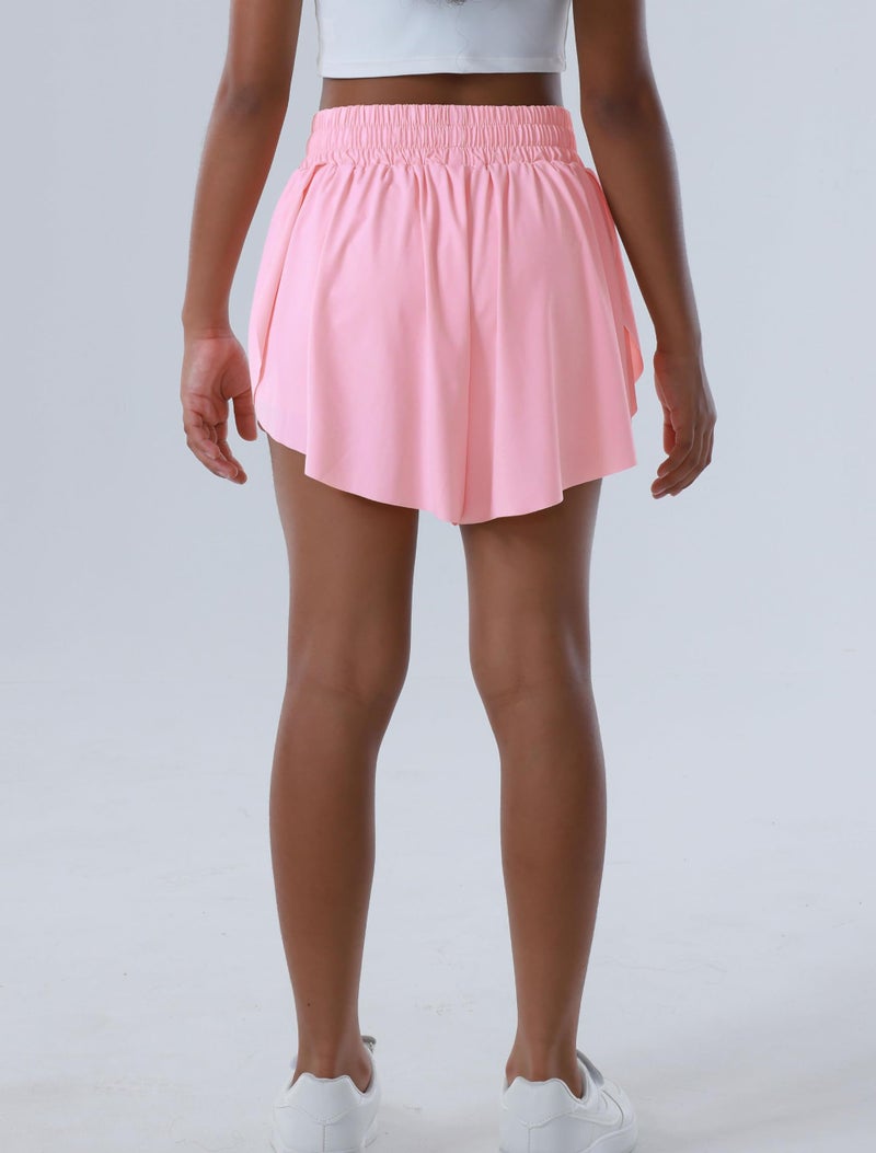 Yitoco 3 Pack Girl's Athletic Shorts Flowy Butterfly Skirt High Waist 2 in 1 with Pockets Spandex Liner for Teens Workout(3 Pairs, 8-9 Years, YOGS0001-B+W+LP-100) - Image 2
