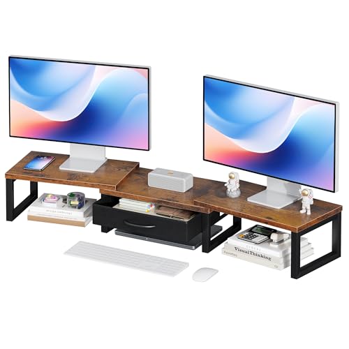 HEWORLIF Desk Organizers and Accessories, Dual Monitor Stand Riser with Drawer, Computer Monitor Stand, Adjustable Desk Shelf for PC Laptop Printer TV, Brown - Image 1