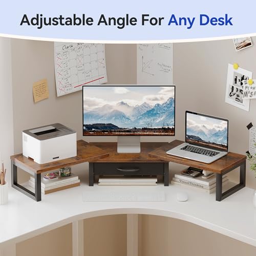 HEWORLIF Desk Organizers and Accessories, Dual Monitor Stand Riser with Drawer, Computer Monitor Stand, Adjustable Desk Shelf for PC Laptop Printer TV, Brown - Image 5