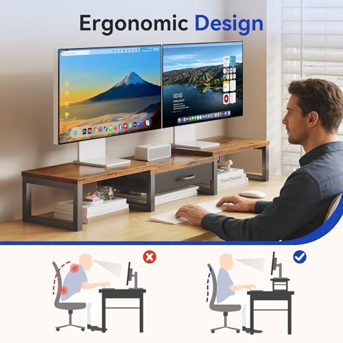 HEWORLIF Desk Organizers and Accessories, Dual Monitor Stand Riser with Drawer, Computer Monitor Stand, Adjustable Desk Shelf for PC Laptop Printer TV, Brown - Image 4