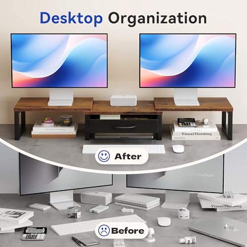 HEWORLIF Desk Organizers and Accessories, Dual Monitor Stand Riser with Drawer, Computer Monitor Stand, Adjustable Desk Shelf for PC Laptop Printer TV, Brown - Image 3