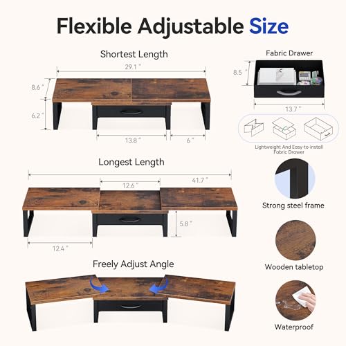HEWORLIF Desk Organizers and Accessories, Dual Monitor Stand Riser with Drawer, Computer Monitor Stand, Adjustable Desk Shelf for PC Laptop Printer TV, Brown - Image 2