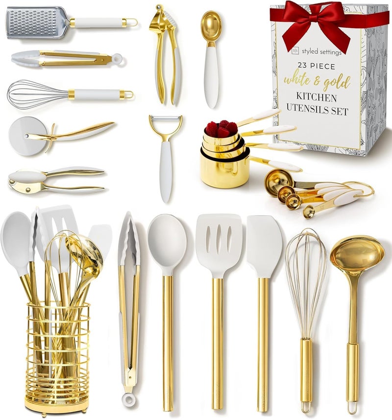 styled settings White and Gold Kitchen Utensils Set - 23-Piece Gold Kitchen Accessories Include Measuring Cups and Spoons Set, Silicone Utensils, and Utensil Holder for Baking, Cooking, and Stylish Kitchen Decor - Image 1