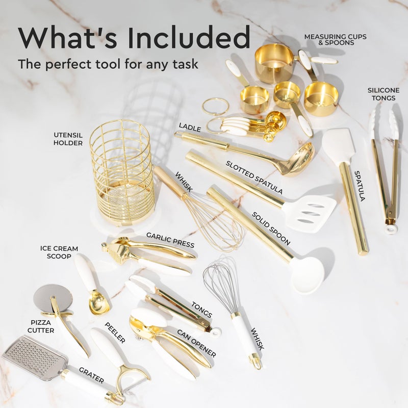 styled settings White and Gold Kitchen Utensils Set - 23-Piece Gold Kitchen Accessories Include Measuring Cups and Spoons Set, Silicone Utensils, and Utensil Holder for Baking, Cooking, and Stylish Kitchen Decor - Image 3