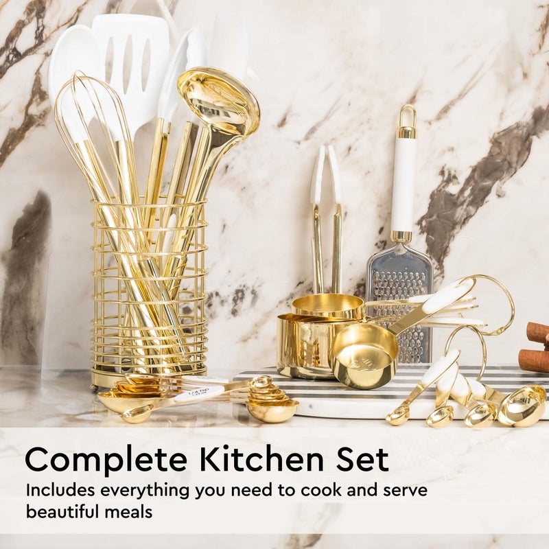 styled settings White and Gold Kitchen Utensils Set - 23-Piece Gold Kitchen Accessories Include Measuring Cups and Spoons Set, Silicone Utensils, and Utensil Holder for Baking, Cooking, and Stylish Kitchen Decor - Image 2