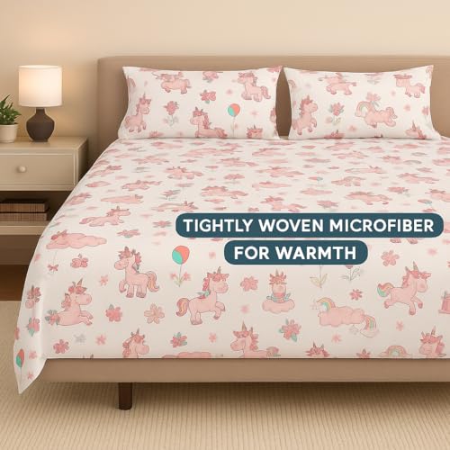 Cottington Lane Microfiber Printed Bedsheet for King Bed with 2 Pillow Covers – Breathable, Soft, Wrinkle-Free, Skin Friendly – 102x108 Inches – Pink Unicorn - Image 3