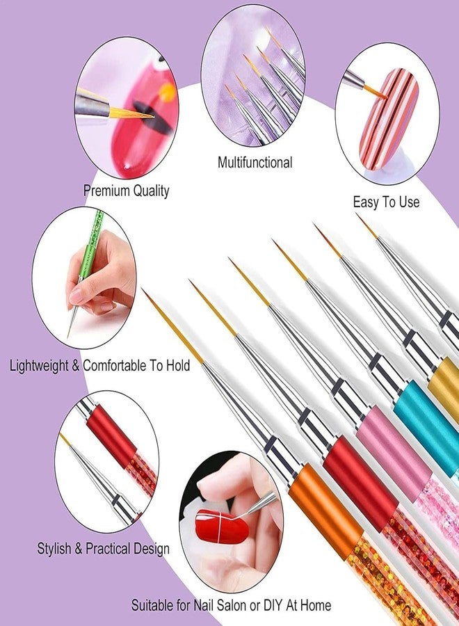 Ruby Face Rubyface Nail Art Liner Brushes, 6Pcs Nail Gel Polish Painting Nail Design Brush Pen Set with Crushed Diamond Rhinestones Handle for Pulling Lines, Nail Art Design - Image 3