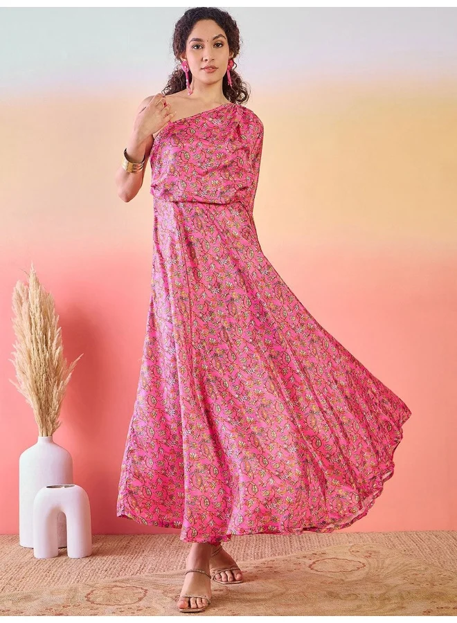 AKS Floral Printed One Shoulder Flared Maxi Dress