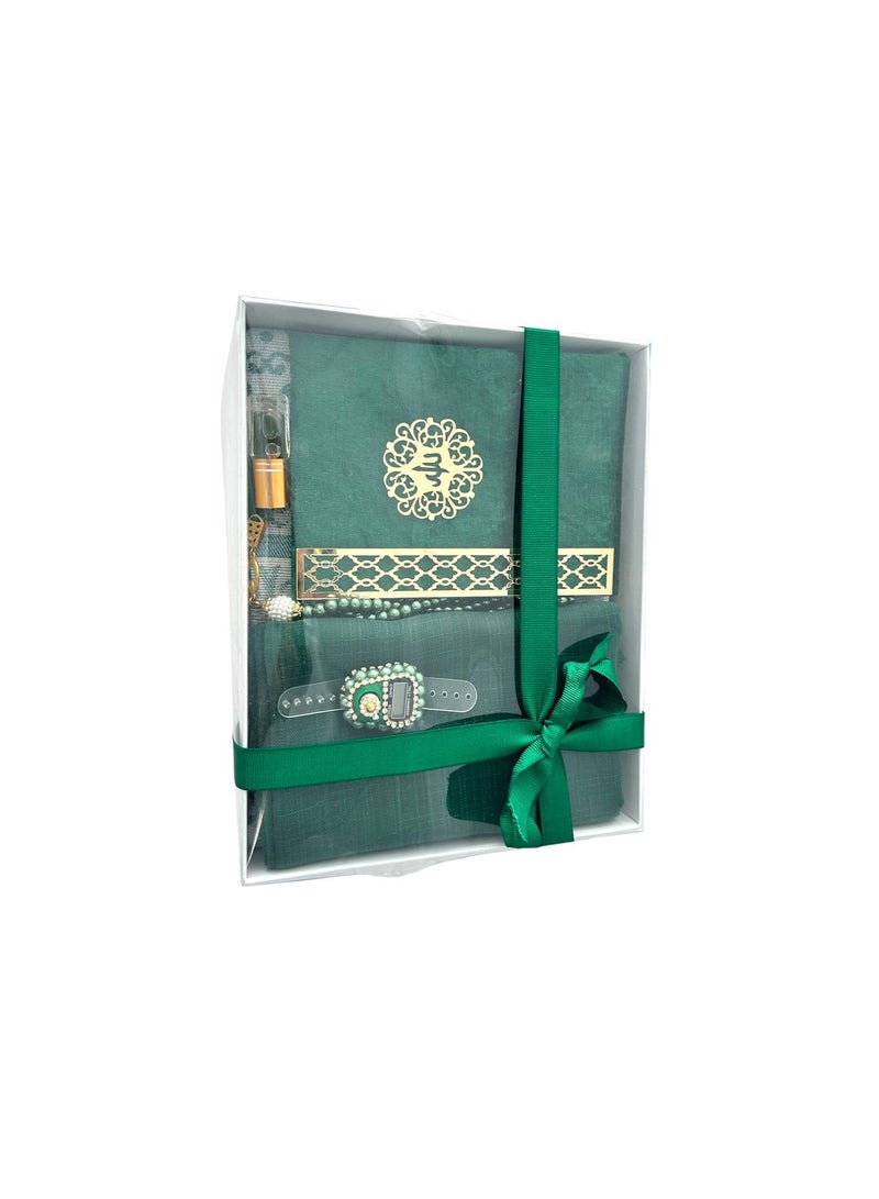 Sajadati Deluxe Muslim Prayer Gift Set – Holy Quran, Premium Salah Mat, Head Scarf, Tasbih Beads & Digital Counter, Oud Oil – Elegant Lavish Green Islamic Gift for Ramadan, Eid & Special Occasions  - Image 2