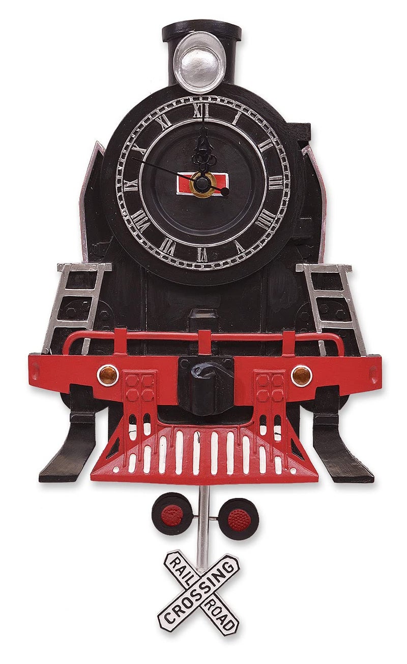 Mark Feldstein  Associates Resin Vintage Steam Engine Train Pendulum Wall Clock 13 Inch