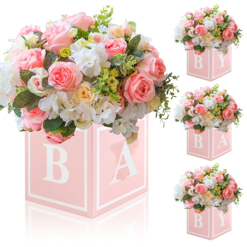 RTHPY 4 Pcs Baby Shower Flower Boxes Table Centerpieces Decoration Pink Baby Block Floral Holder Centerpiece Baby in Bloom Gender Reveal Birthday Party Decors Table Display Its A Girl Its A Boy - Image 1