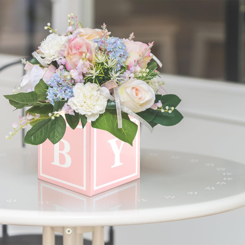 RTHPY 4 Pcs Baby Shower Flower Boxes Table Centerpieces Decoration Pink Baby Block Floral Holder Centerpiece Baby in Bloom Gender Reveal Birthday Party Decors Table Display Its A Girl Its A Boy - Image 4