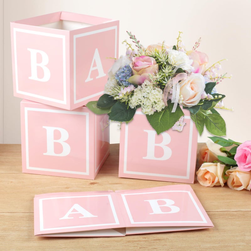 RTHPY 4 Pcs Baby Shower Flower Boxes Table Centerpieces Decoration Pink Baby Block Floral Holder Centerpiece Baby in Bloom Gender Reveal Birthday Party Decors Table Display Its A Girl Its A Boy - Image 3