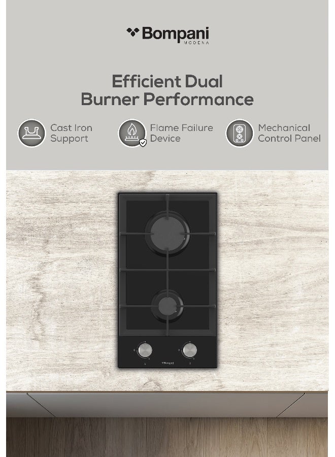 بومباني مواقد مدمجة مقاس 30 سم - شعلتان غازيتان من نوع يورو بول، شعلات ساباف، زجاج أسود مقسّى مقاس 8 مم - ضمان لمدة عام من الشركة المصنعة - Image 4