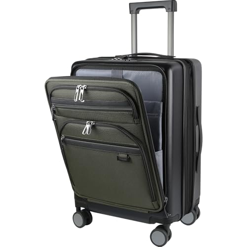 KROSER Hardside Expandable Carry On Luggage 22x14x9 Airline Approved With Front Business Pockets, 20 Inch Suitcases with Wheels, Carry on Suitcase with TSA Lock & USB Port, Black-Army Green - Image 1
