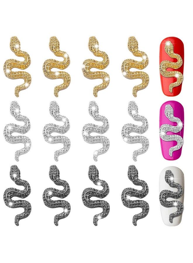 Leelosp 12 Pcs 3D Snake Nail Charms 3D Nail Charms With Rhinestones Alloy Snake Wave Crystal Rhinestones Nail Snake Art Metal Nail Jewelry Accessories Gold Silver Black Nail Charms For Nail Art Decoration Diy  - Image 2