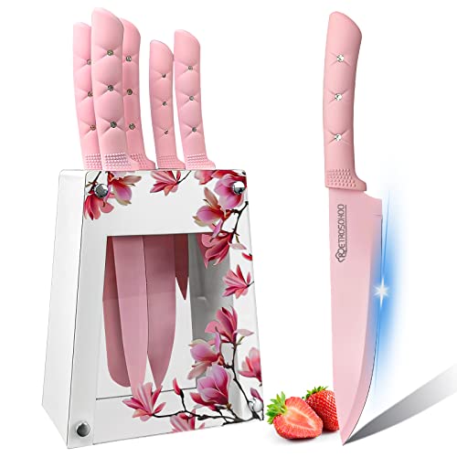 RETROSOHOO Kitchen Knife Set, Retrosohoo Pink Flower 6PC Stainless Steel Sharp Chef Cooking Non-slip Knife Set with Acrylic Stand & Block, Non-stick Colorful Coating Gift for Women Girls (Pink) - Image 1