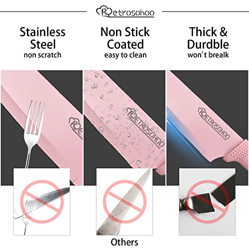 RETROSOHOO Kitchen Knife Set, Retrosohoo Pink Flower 6PC Stainless Steel Sharp Chef Cooking Non-slip Knife Set with Acrylic Stand & Block, Non-stick Colorful Coating Gift for Women Girls (Pink) - Image 3