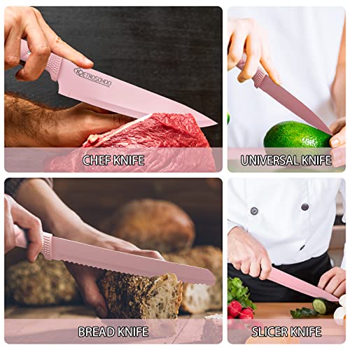 RETROSOHOO Kitchen Knife Set, Retrosohoo Pink Flower 6PC Stainless Steel Sharp Chef Cooking Non-slip Knife Set with Acrylic Stand & Block, Non-stick Colorful Coating Gift for Women Girls (Pink) - Image 5