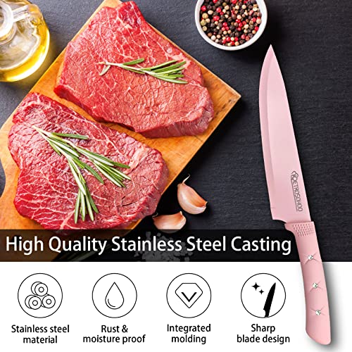 RETROSOHOO Kitchen Knife Set, Retrosohoo Pink Flower 6PC Stainless Steel Sharp Chef Cooking Non-slip Knife Set with Acrylic Stand & Block, Non-stick Colorful Coating Gift for Women Girls (Pink) - Image 2