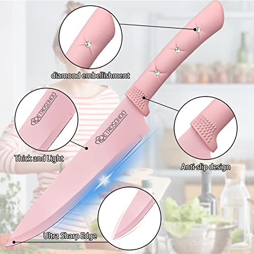 RETROSOHOO Kitchen Knife Set, Retrosohoo Pink Flower 6PC Stainless Steel Sharp Chef Cooking Non-slip Knife Set with Acrylic Stand & Block, Non-stick Colorful Coating Gift for Women Girls (Pink) - Image 4