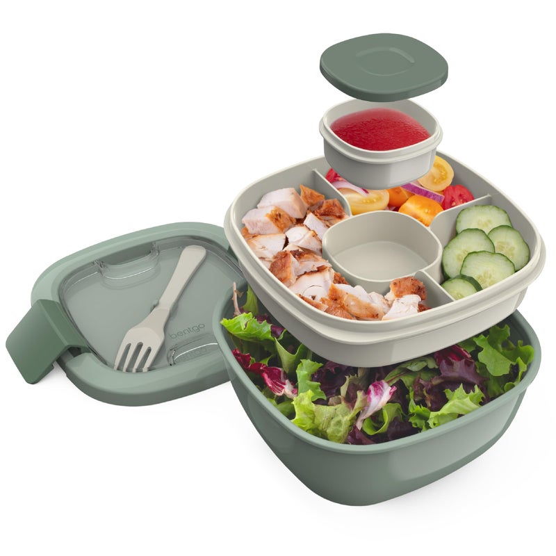 Bentgo Bentgo Salad Container  54 oz Bowl with 4Compartment Toppings Tray LeakProof Dressing Container Reusable Fork BPAFree Lunch Box for Meal Prep  Food Storage Removable Bento Tray Khaki Green 