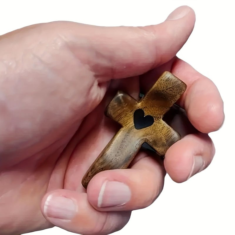 Set Of 7 Walnut Wood Thumb Crosses With Heart Charms For Easter Church Hand Towels - Image 3