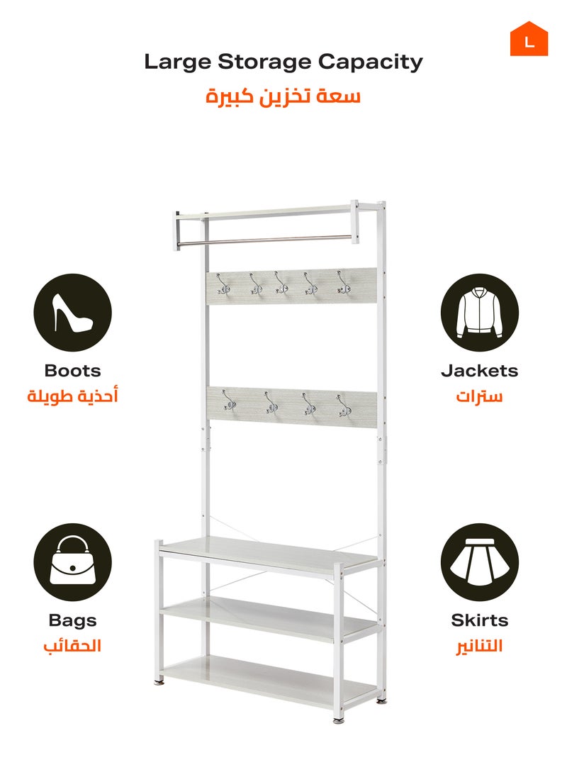 LAWAZIM - 3 Layer Shoes Rack and Coat Hanger - 80cm, White - Entryway Organizer and Coat Stand with Top Shelf - For Shoes, Bags, and Coats - Steel Pipe, 9 Hooks, Anti-Slip Feet, Space-Saving Design - Image 1
