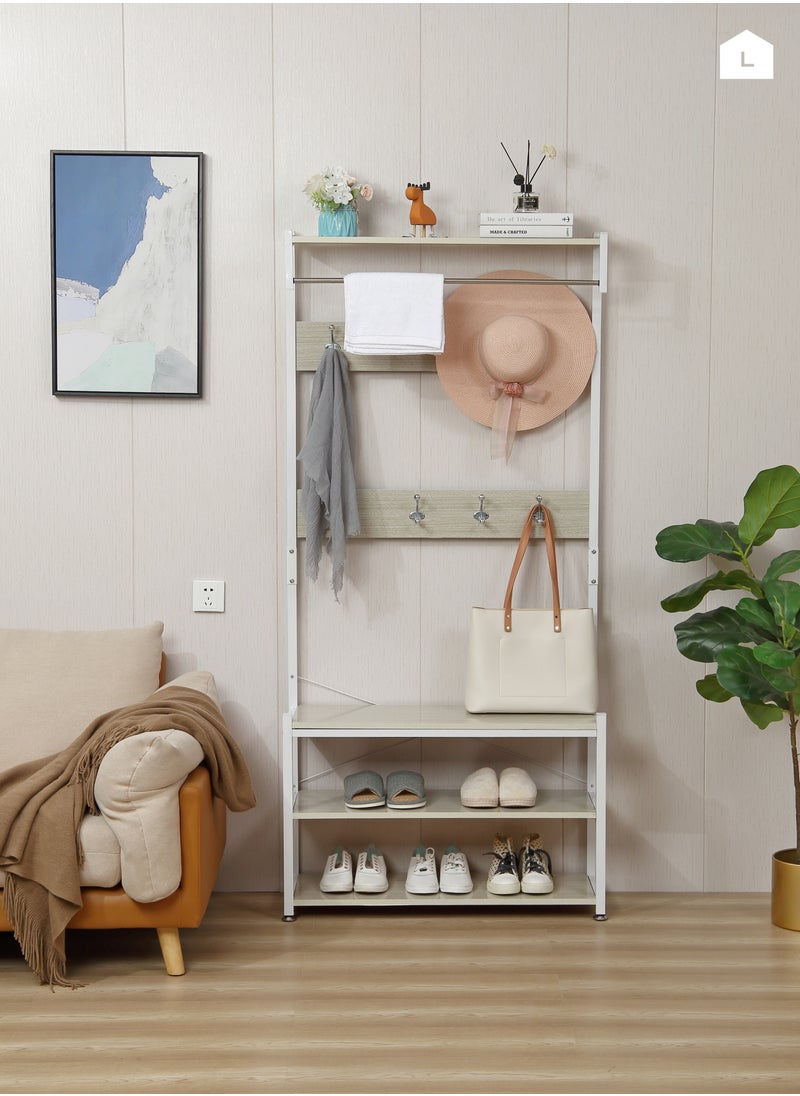 LAWAZIM - 3 Layer Shoes Rack and Coat Hanger - 80cm, White - Entryway Organizer and Coat Stand with Top Shelf - For Shoes, Bags, and Coats - Steel Pipe, 9 Hooks, Anti-Slip Feet, Space-Saving Design - Image 1