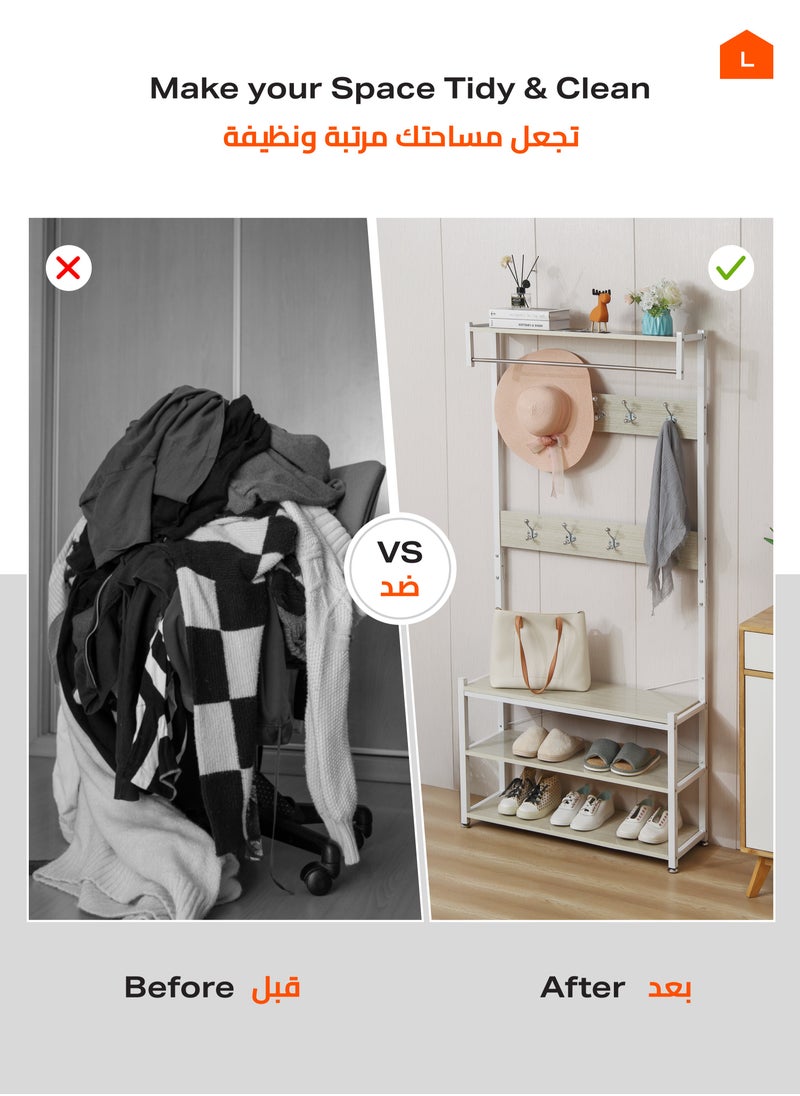LAWAZIM - 3 Layer Shoes Rack and Coat Hanger - 80cm, White - Entryway Organizer and Coat Stand with Top Shelf - For Shoes, Bags, and Coats - Steel Pipe, 9 Hooks, Anti-Slip Feet, Space-Saving Design - Image 1