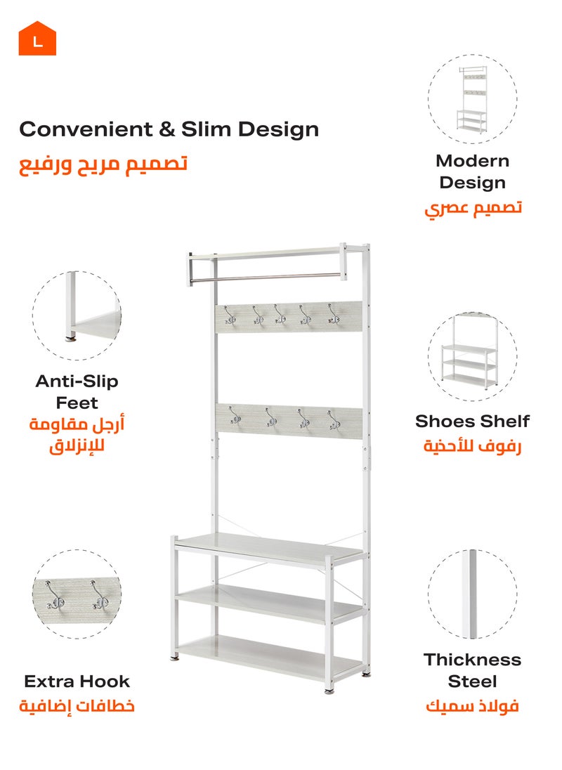 LAWAZIM - 3 Layer Shoes Rack and Coat Hanger - 80cm, White - Entryway Organizer and Coat Stand with Top Shelf - For Shoes, Bags, and Coats - Steel Pipe, 9 Hooks, Anti-Slip Feet, Space-Saving Design - Image 1