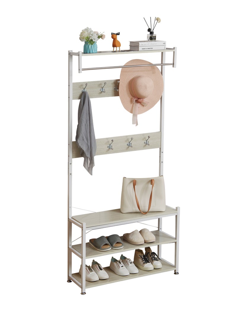 LAWAZIM - 3 Layer Shoes Rack and Coat Hanger - 80cm, White - Entryway Organizer and Coat Stand with Top Shelf - For Shoes, Bags, and Coats - Steel Pipe, 9 Hooks, Anti-Slip Feet, Space-Saving Design - Image 1