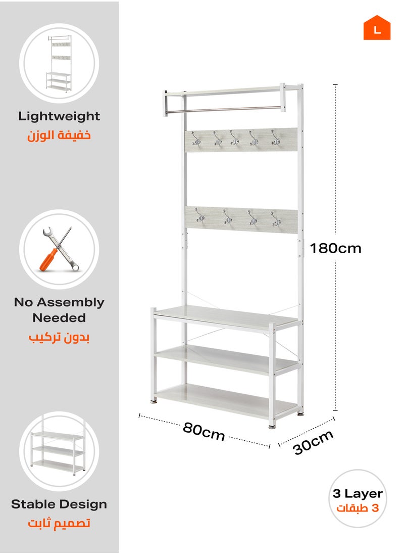 LAWAZIM - 3 Layer Shoes Rack and Coat Hanger - 80cm, White - Entryway Organizer and Coat Stand with Top Shelf - For Shoes, Bags, and Coats - Steel Pipe, 9 Hooks, Anti-Slip Feet, Space-Saving Design - Image 1