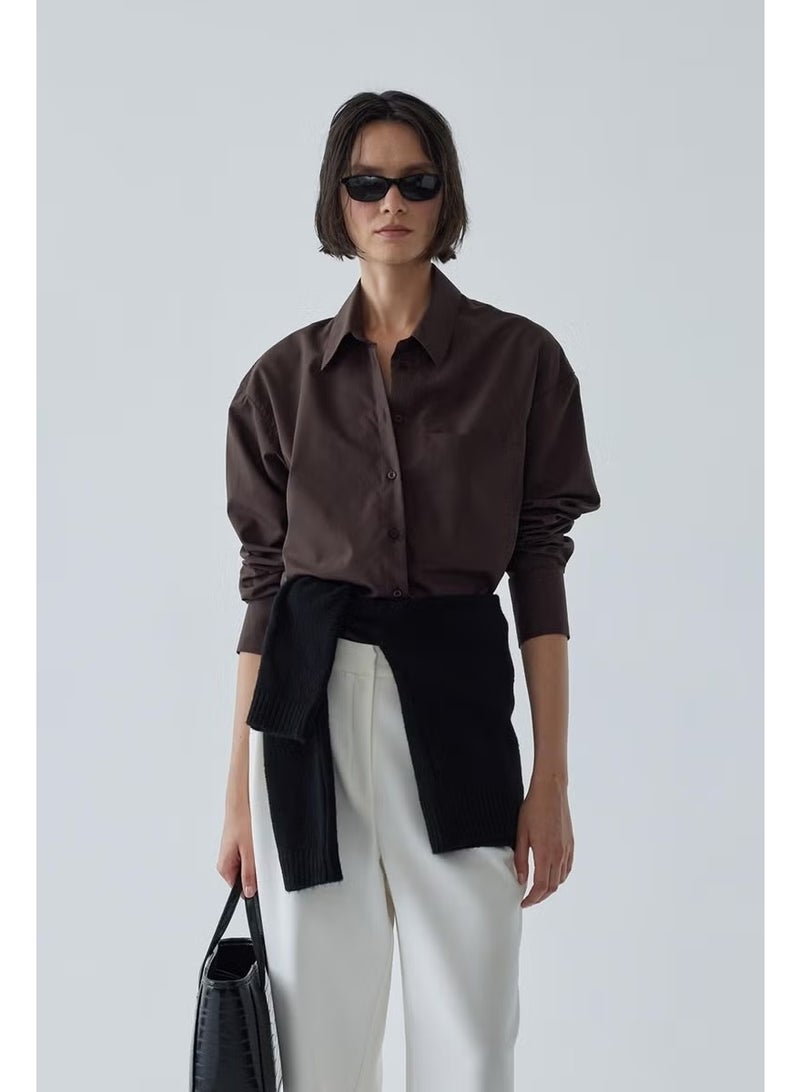 Suud Collection قميص قصير واسع بني مرير - Image 3