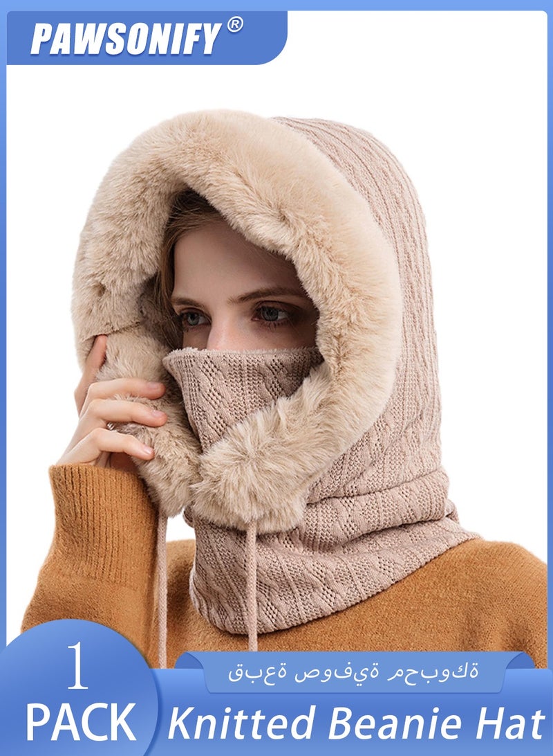 PAWSONIFY Women One Piece Slouchy Fleece Beanie Hats Scarf Mask Drawstring Warm Hooded Winter Balaclava Pullover Knitted Hat - Image 1