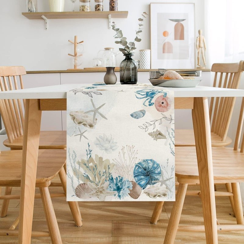 PROCIDA Blue Beach Table Runner Tropical Ocean Coastal Table Runners Seashell Burlap Seasonal Nautical Kitchen Dining Coffee Table Decor for Home Holiday Party Indoor Outdoor 13x36 Inch - Image 4
