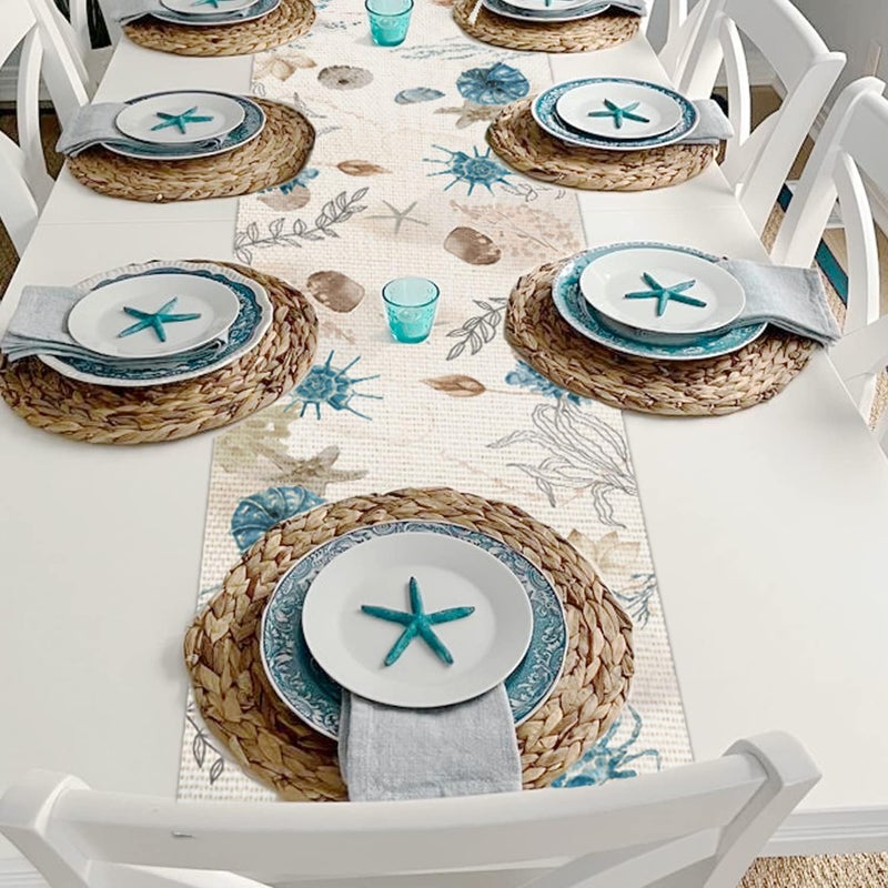 PROCIDA Blue Beach Table Runner Tropical Ocean Coastal Table Runners Seashell Burlap Seasonal Nautical Kitchen Dining Coffee Table Decor for Home Holiday Party Indoor Outdoor 13x36 Inch - Image 2