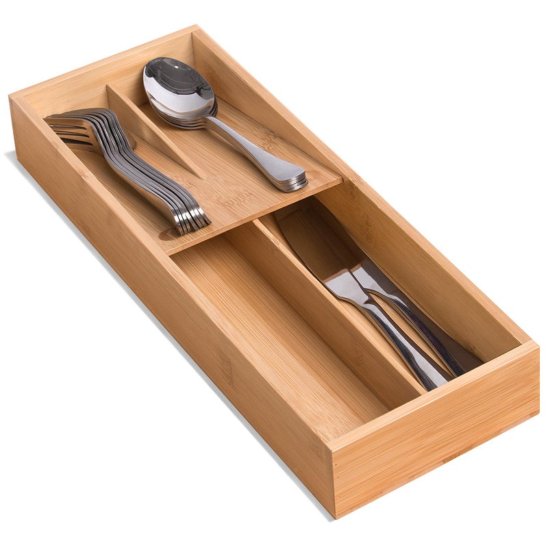 guiogc Bamboo Silverware Drawer Organizer, Kitchen Small Silverware Organizer, Utensil Tray Holder, Cutlery Tray for Spoons, Forks, Knives, Suitable for a family of 2-4 - Image 1