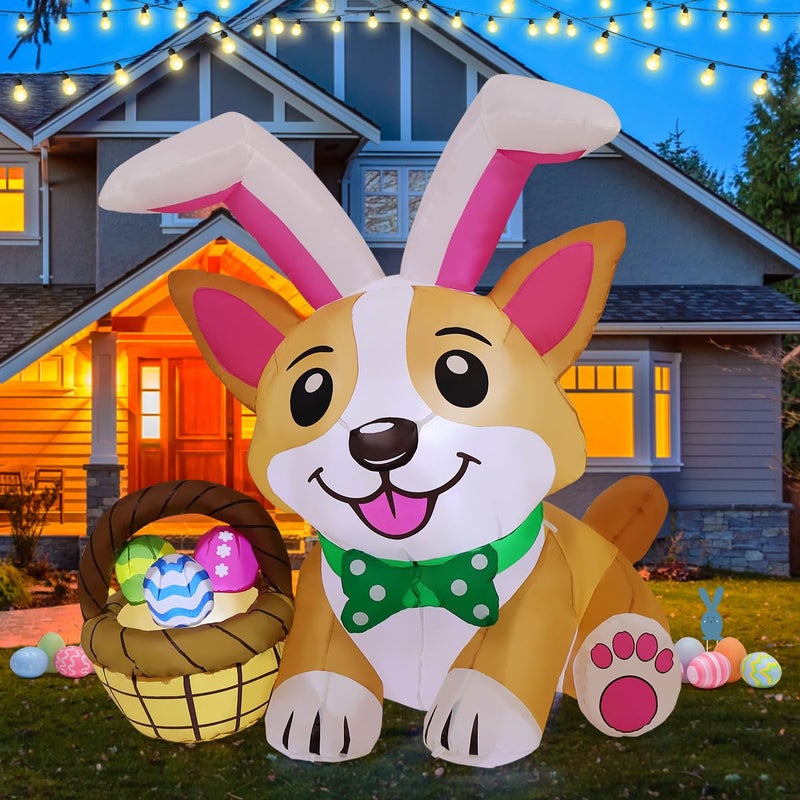 GOOSH 4.5 FT Easter Inflatables Dog Outdoor Decorations Blow Up Yard Cute Puppy in Bunny Hat and Colorful Eggs with Built-in LEDs for Garden Lawn Indoor Decor - Image 1