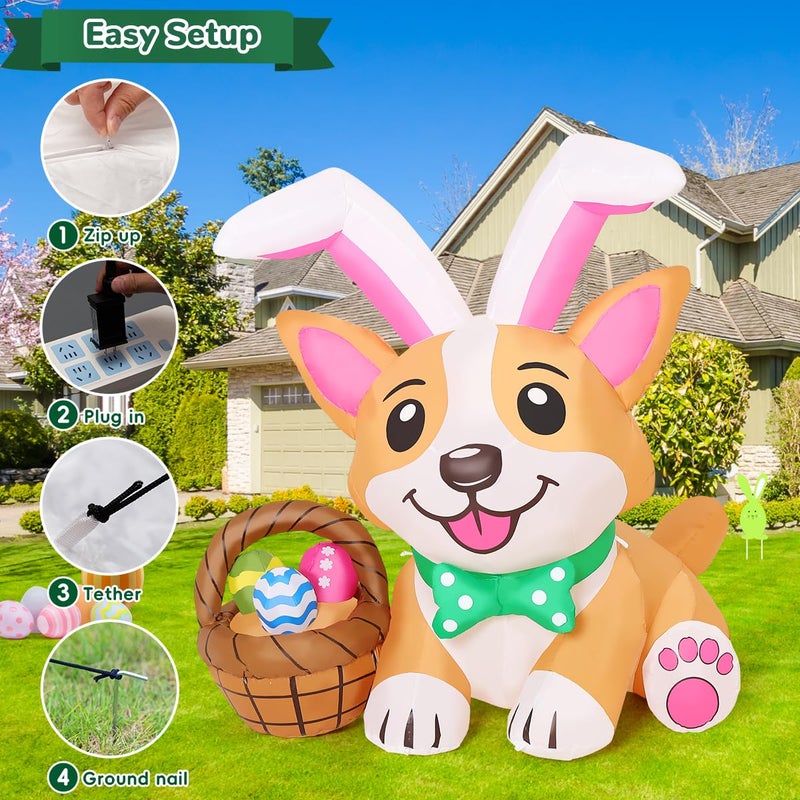 GOOSH 4.5 FT Easter Inflatables Dog Outdoor Decorations Blow Up Yard Cute Puppy in Bunny Hat and Colorful Eggs with Built-in LEDs for Garden Lawn Indoor Decor - Image 3