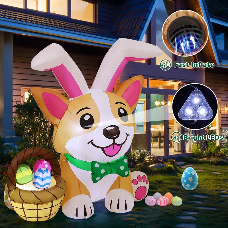 GOOSH 4.5 FT Easter Inflatables Dog Outdoor Decorations Blow Up Yard Cute Puppy in Bunny Hat and Colorful Eggs with Built-in LEDs for Garden Lawn Indoor Decor - Image 2