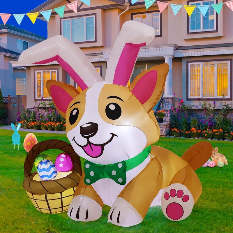 GOOSH 4.5 FT Easter Inflatables Dog Outdoor Decorations Blow Up Yard Cute Puppy in Bunny Hat and Colorful Eggs with Built-in LEDs for Garden Lawn Indoor Decor - Image 4
