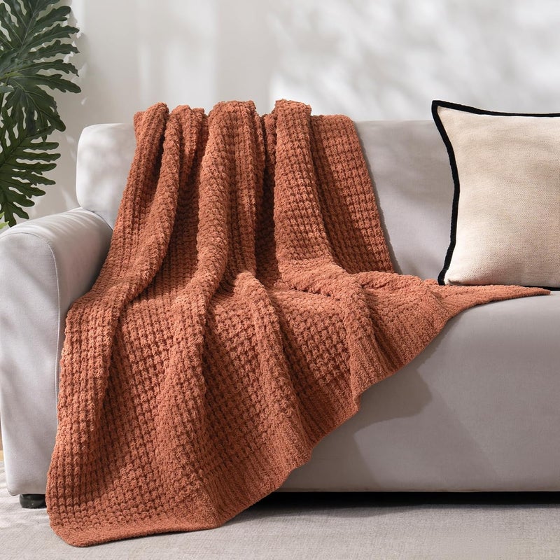 PHF Chenille Waffle Knit Blanket Twin Size- Plush Warm & Cozy 60" x 80" Ultra Soft Blanket- Chunky Fluffy Waffle Bedding for Home Decor - Terracotta - Image 1