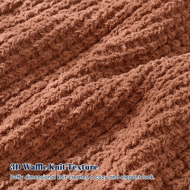 PHF Chenille Waffle Knit Blanket Twin Size- Plush Warm & Cozy 60" x 80" Ultra Soft Blanket- Chunky Fluffy Waffle Bedding for Home Decor - Terracotta - Image 4