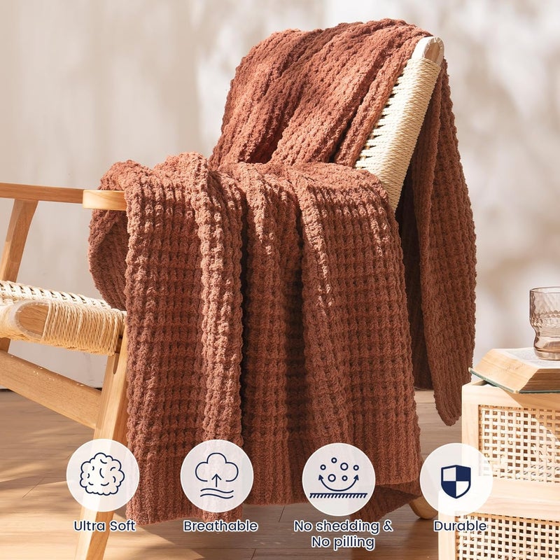 PHF Chenille Waffle Knit Blanket Twin Size- Plush Warm & Cozy 60" x 80" Ultra Soft Blanket- Chunky Fluffy Waffle Bedding for Home Decor - Terracotta - Image 3