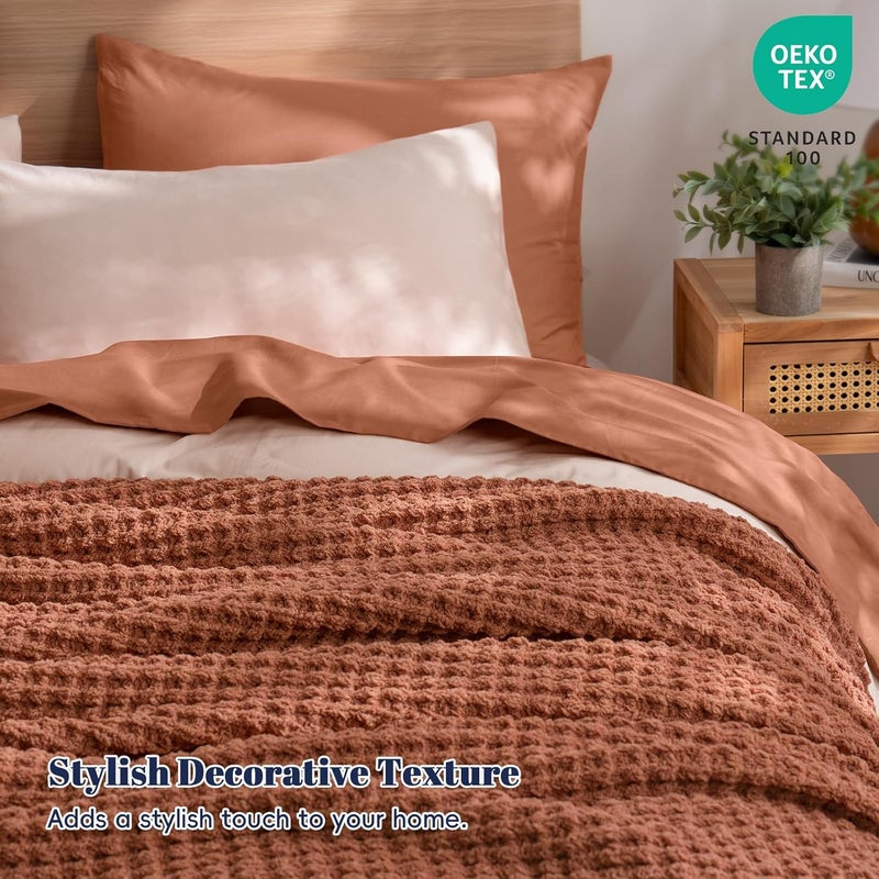 PHF Chenille Waffle Knit Blanket Twin Size- Plush Warm & Cozy 60" x 80" Ultra Soft Blanket- Chunky Fluffy Waffle Bedding for Home Decor - Terracotta - Image 5