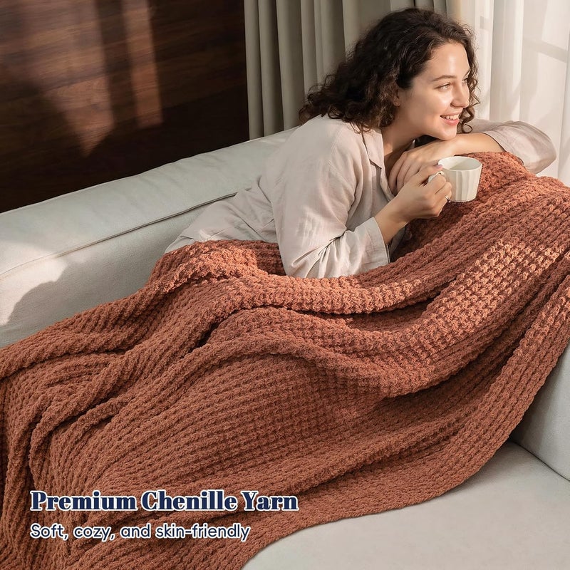 PHF Chenille Waffle Knit Blanket Twin Size- Plush Warm & Cozy 60" x 80" Ultra Soft Blanket- Chunky Fluffy Waffle Bedding for Home Decor - Terracotta - Image 2